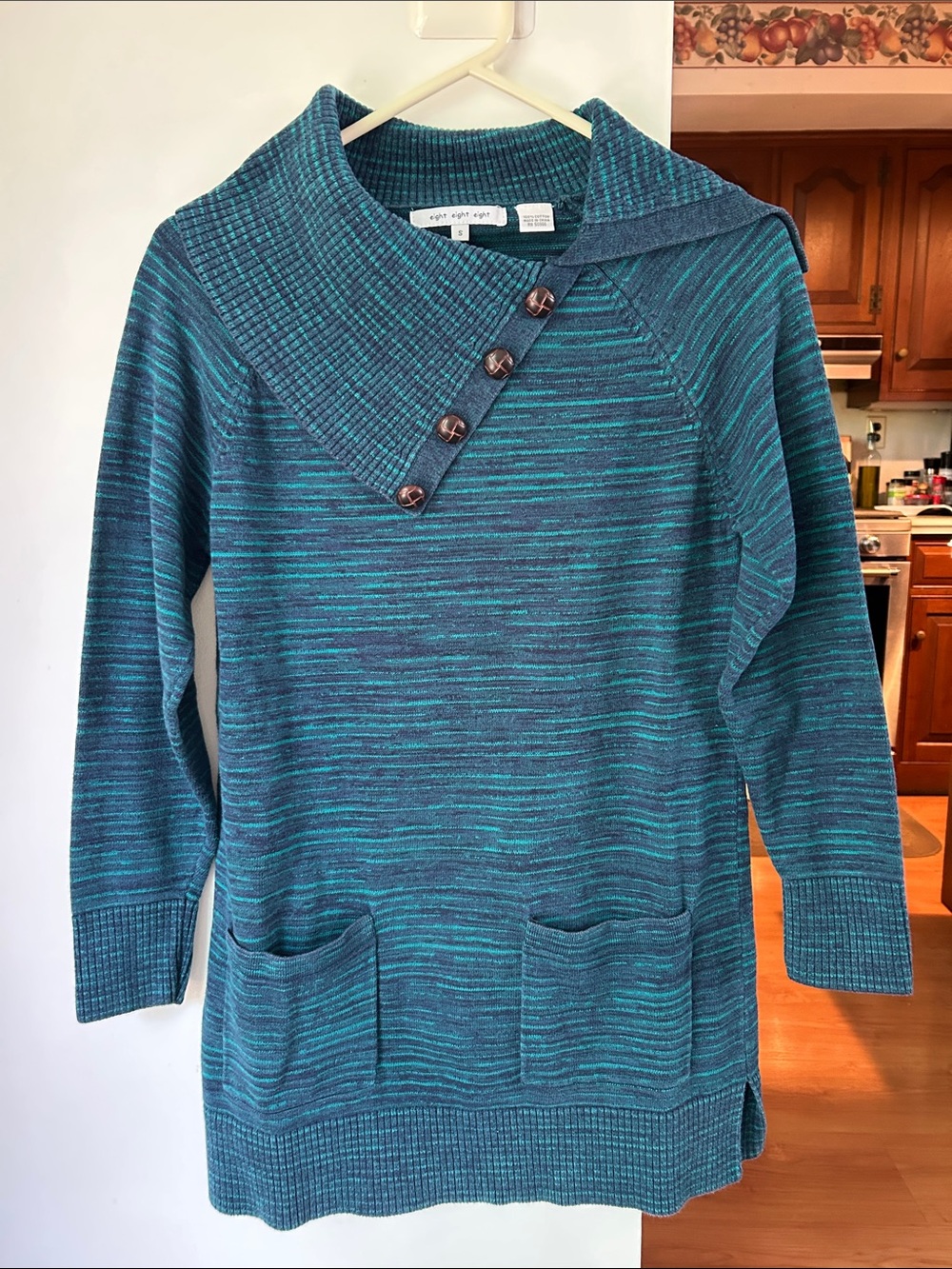 eight eight eight || Teal & Navy Striped Cowl Button Pullover